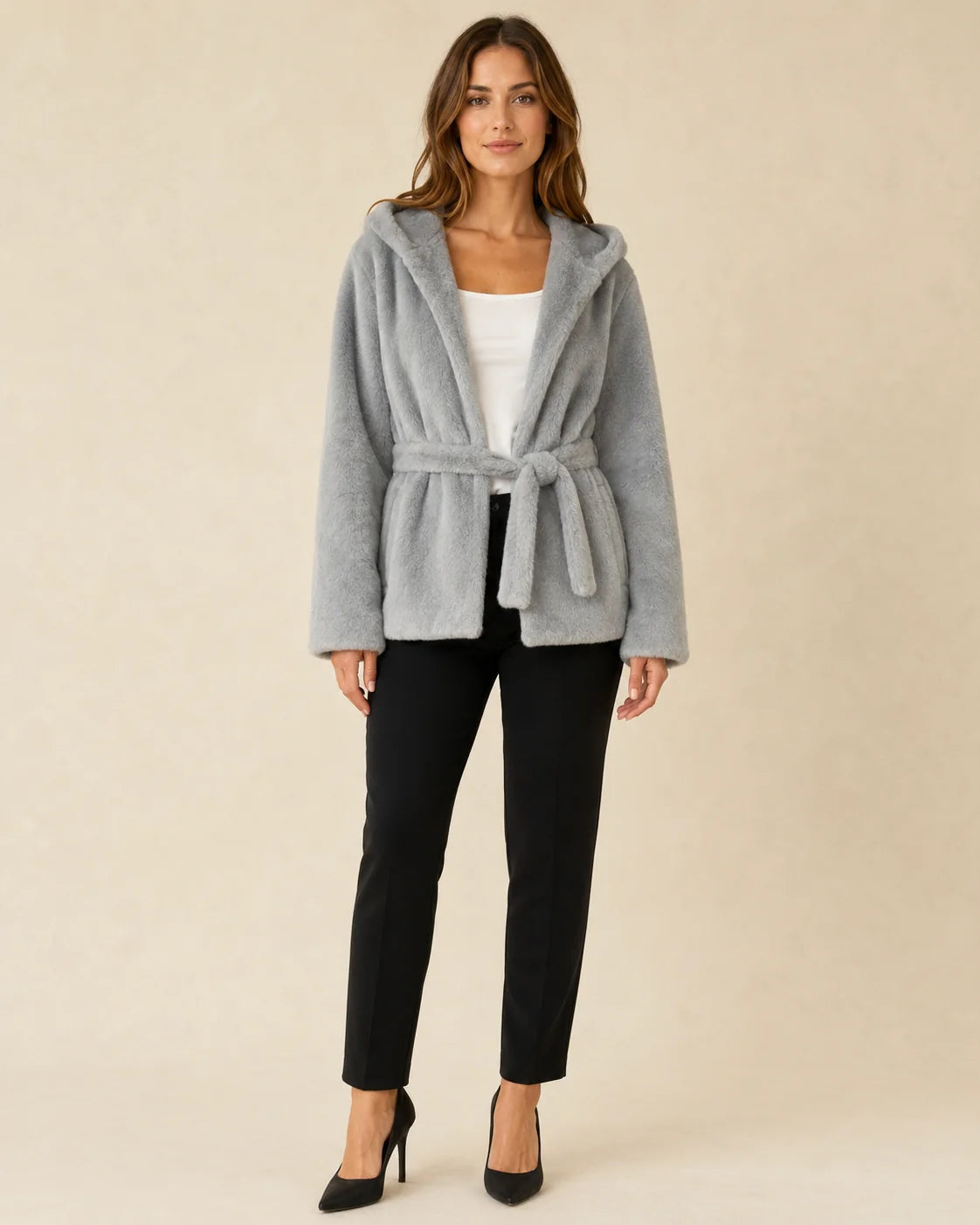 Medium Length Hooded Faux Fur Coat