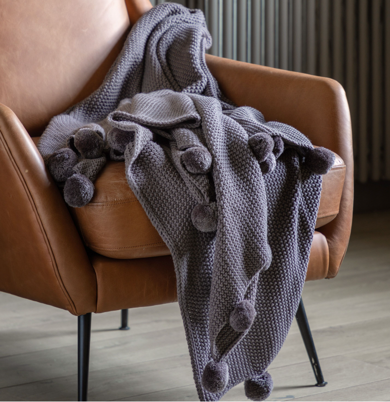 Moss Stiched Pom Pom Throw Charcoal