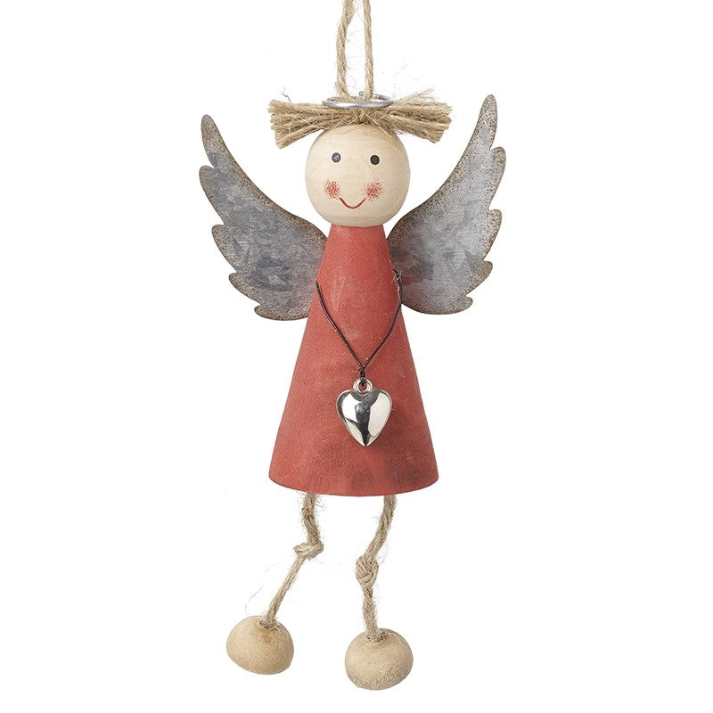 Hanging Wooden Angel with Silver Heart