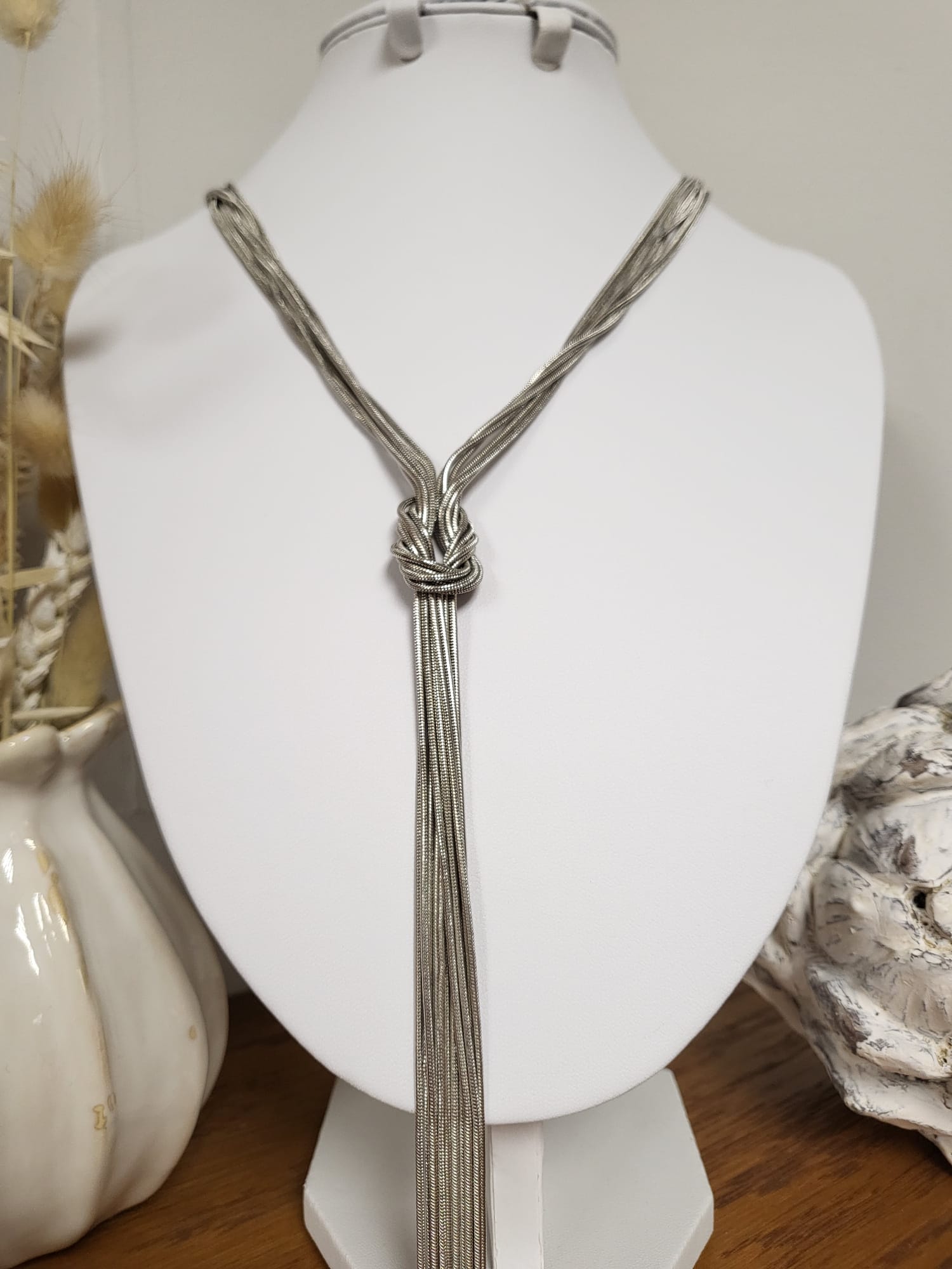 Long plain chain silver necklace with knot