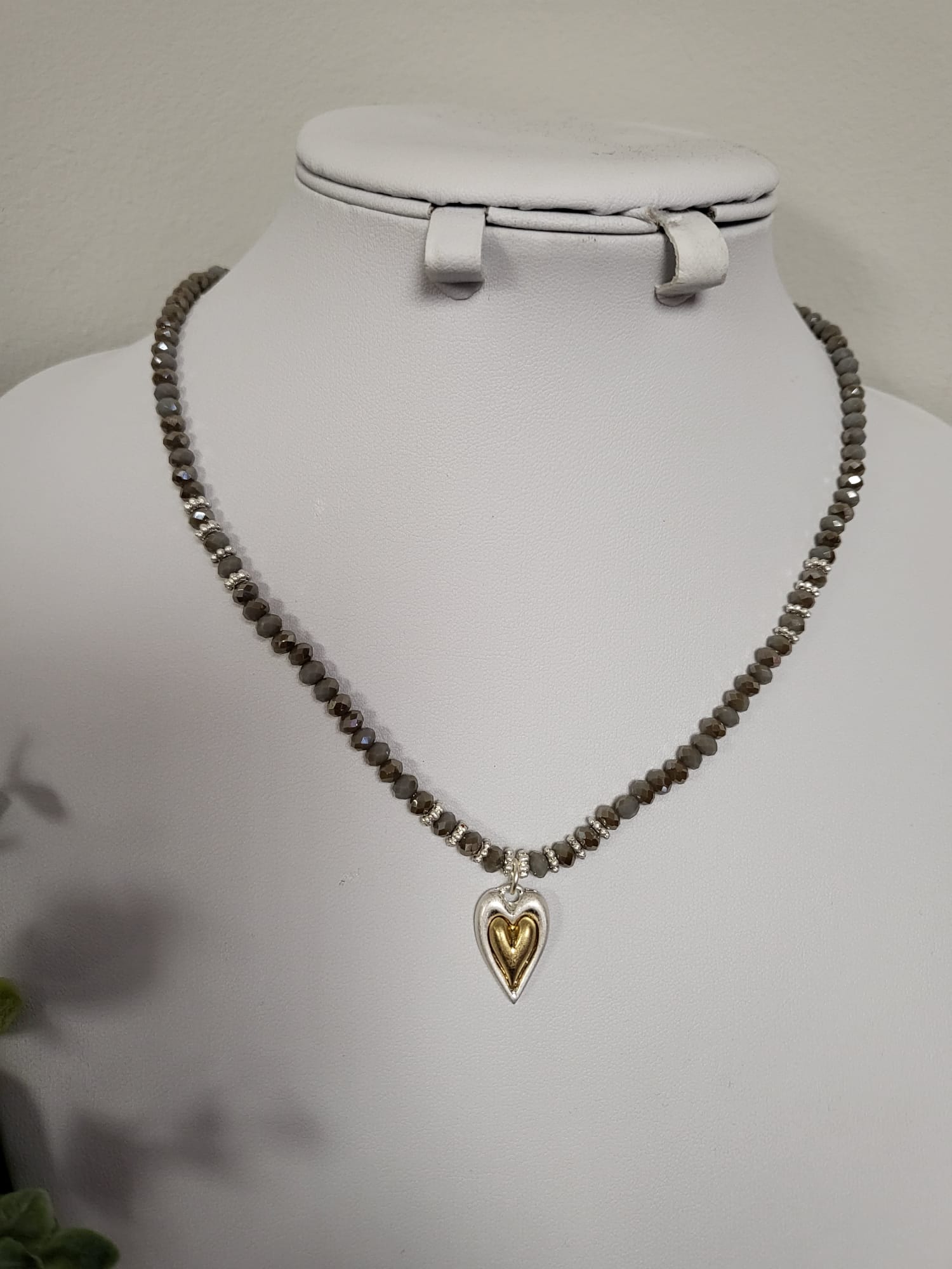 Two Tone Heart Drop Necklace - Greys